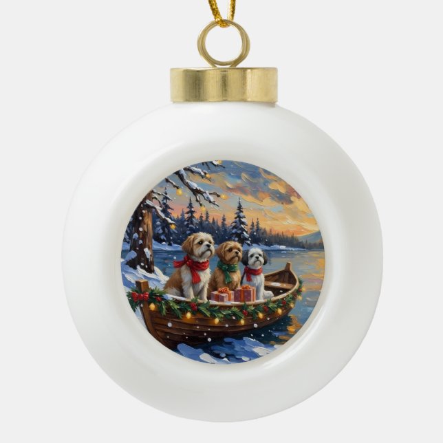 Shih Tzu Christmas Boat Holiday Ceramic Ball Christmas Ornament (Front)