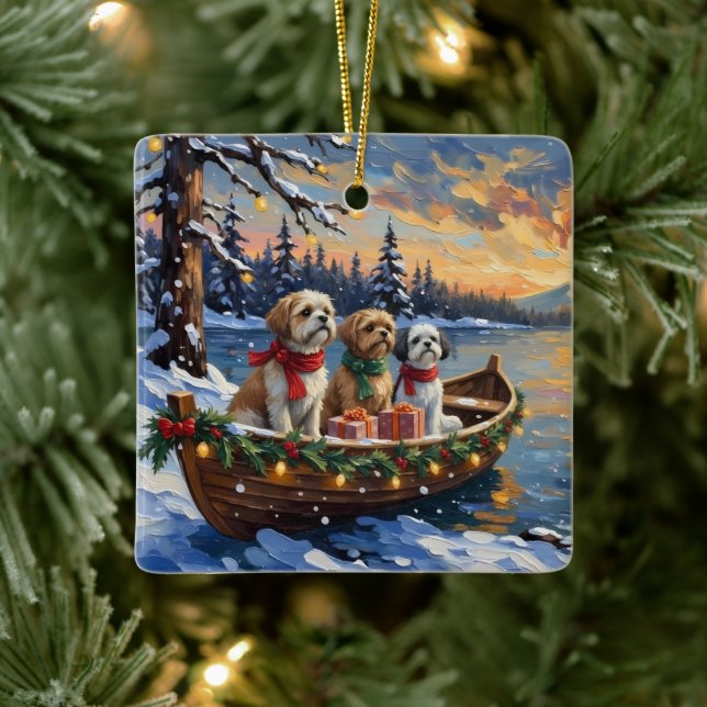 Shih Tzu Christmas Boat Holiday Ceramic Ornament (Tree)