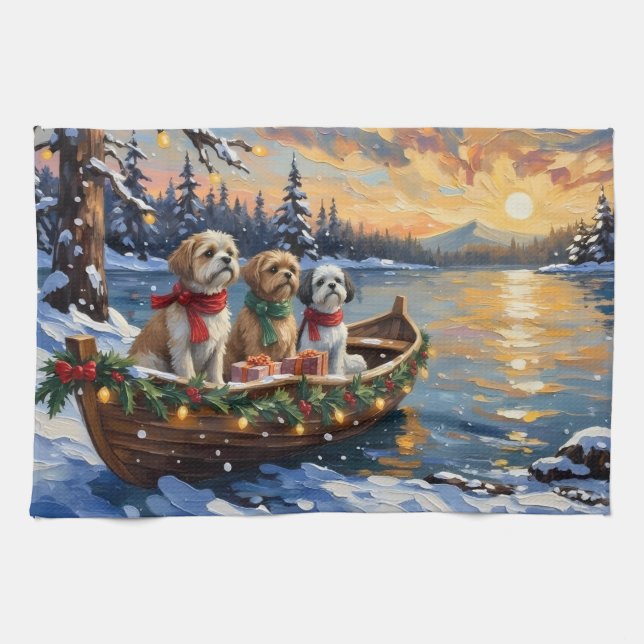 Shih Tzu Christmas Boat Holiday Tea Towel (Horizontal)