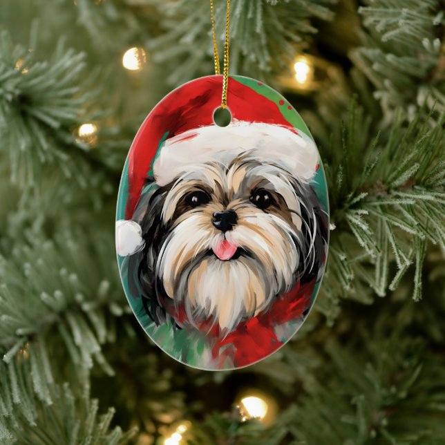 Shih Tzu Christmas brush painting artwork Ceramic Ornament (Tree)