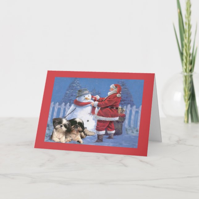 Shih Tzu Christmas Card Santa and Snowman (Front)