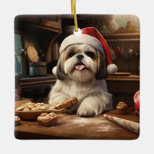 Shih Tzu Christmas Cookies Festive Holiday Ceramic Ornament (Front)