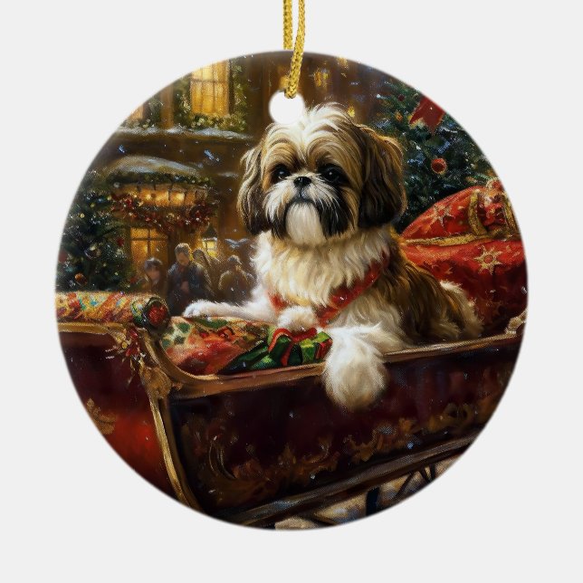 Shih Tzu Christmas Festive Season Ceramic Ornament (Front)