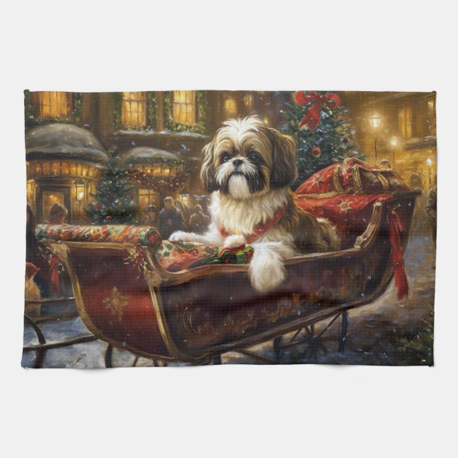 Shih Tzu Christmas Festive Season Tea Towel (Horizontal)