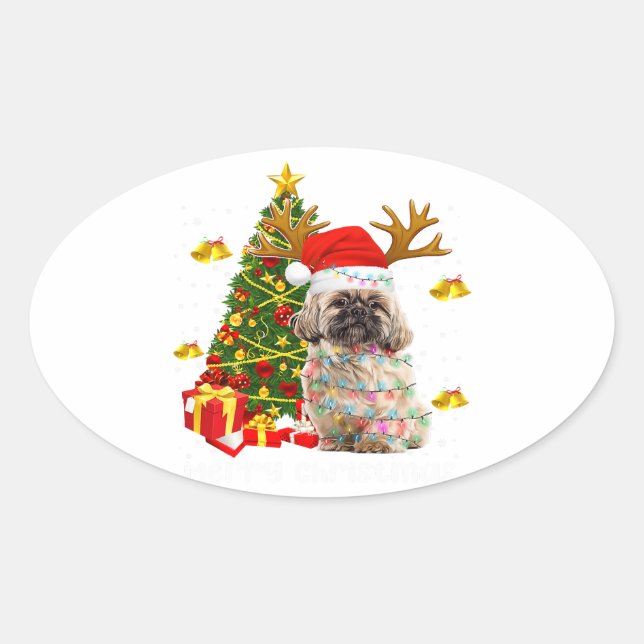 Shih Tzu Christmas Lights Tree | Santa Xmas Oval Sticker (Front)