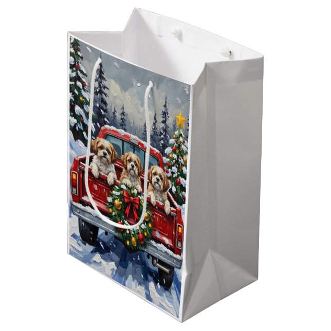 Shih Tzu Christmas Red Truck Holiday Medium Gift Bag (Front Angled)
