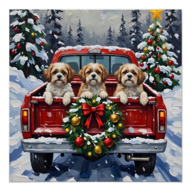 Shih Tzu Christmas Red Truck Holiday Poster (Front)