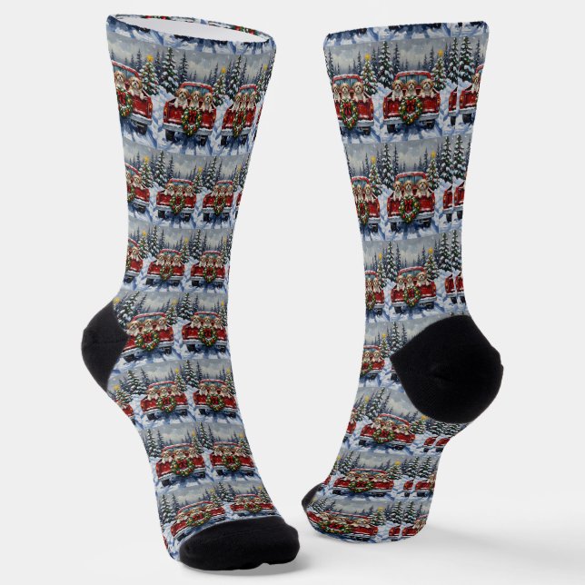 Shih Tzu Christmas Red Truck Holiday Socks (Angled)