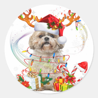 Shih Tzu Christmas Reindeer | Christmas Lights Classic Round Sticker