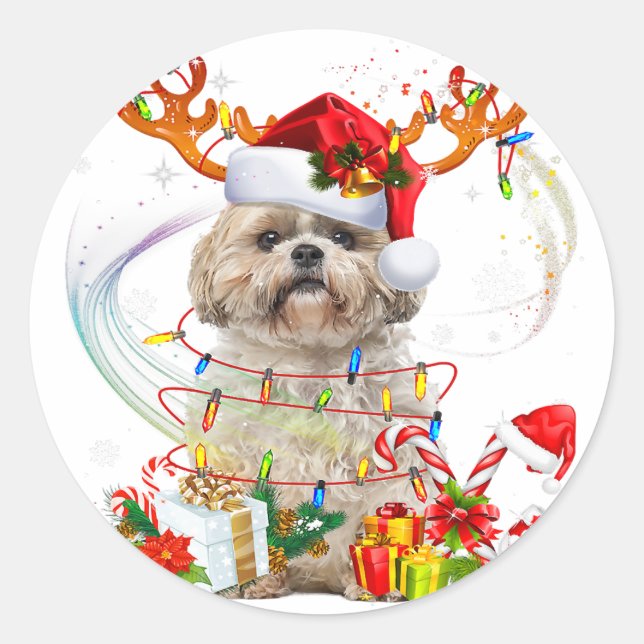 Shih Tzu Christmas Reindeer | Christmas Lights Classic Round Sticker (Front)
