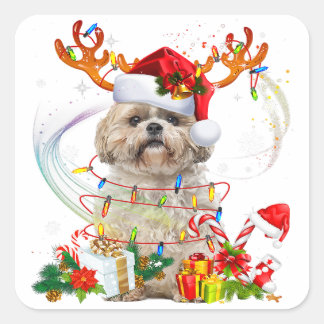 Shih Tzu Christmas Reindeer | Christmas Lights Square Sticker