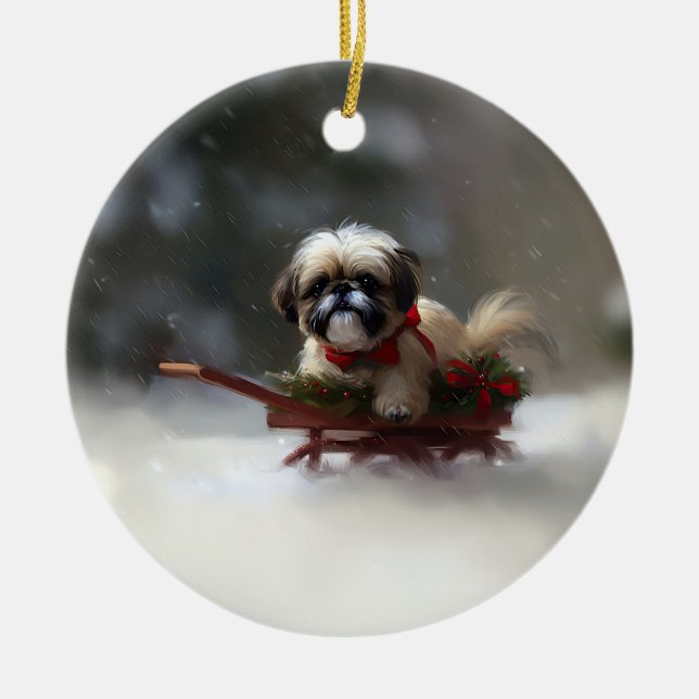 Shih Tzu Christmas snow winter Ceramic Ornament (Front)
