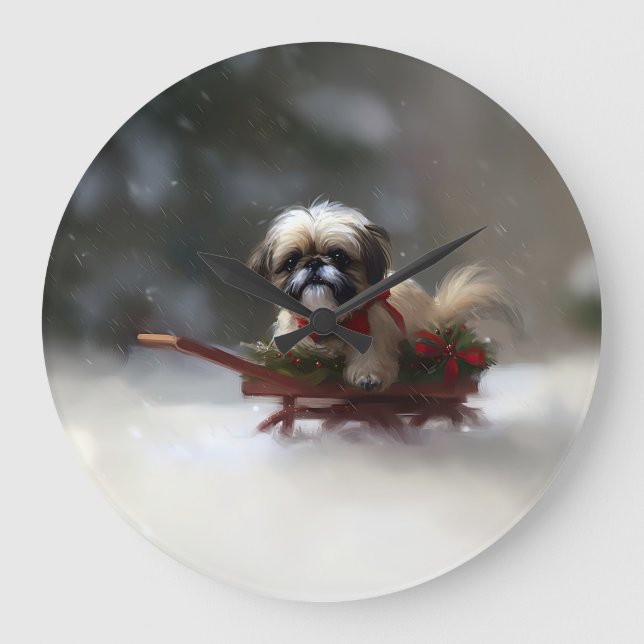 Shih Tzu Christmas snow winter Large Clock (Front)