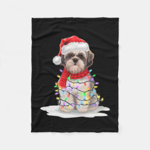 Shih Tzu Christmas Tree Cute Santa Hat Lights Xmas Fleece Blanket