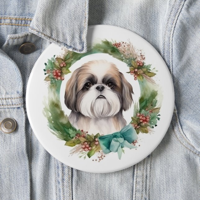 Shih Tzu Christmas Wreath Festive Pup  6 Cm Round Badge (In Situ)