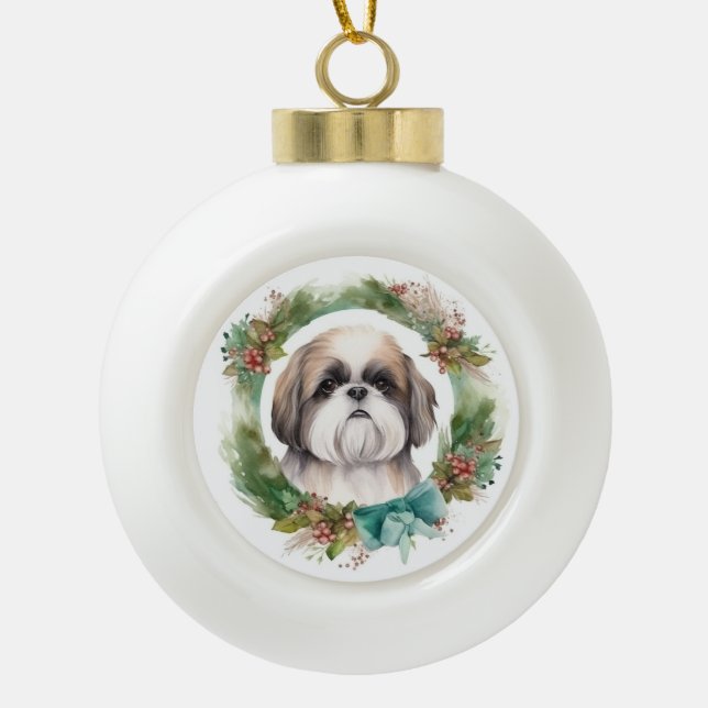 Shih Tzu Christmas Wreath Festive Pup  Ceramic Ball Christmas Ornament (Front)