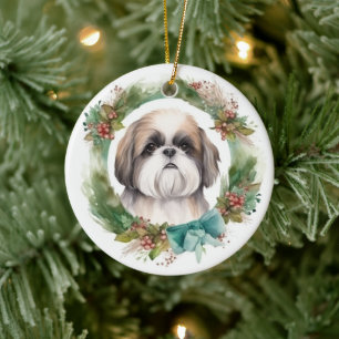 Shih Tzu Christmas Wreath Festive Pup Ceramic Ornament