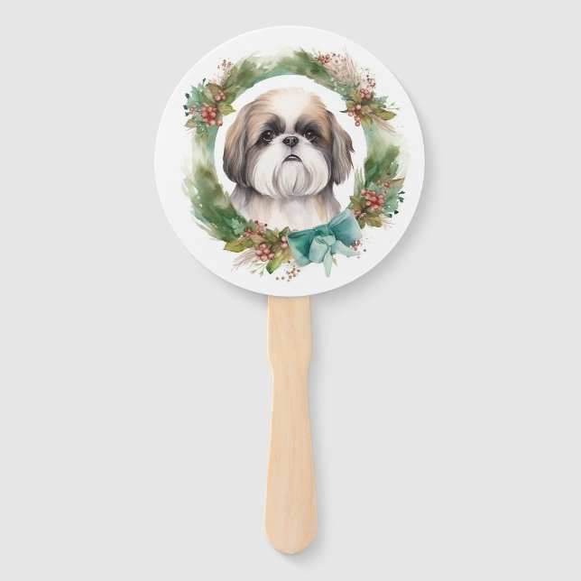 Shih Tzu Christmas Wreath Festive Pup  Hand Fan (Front)