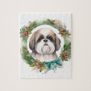 Shih Tzu Christmas Wreath Festive Pup  Jigsaw Puzzle
