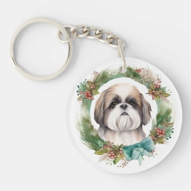 Shih Tzu Christmas Wreath Festive Pup  Key Ring (Front)
