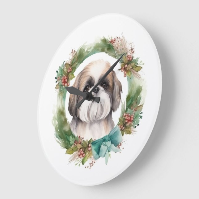 Shih Tzu Christmas Wreath Festive Pup  Large Clock (Angle)