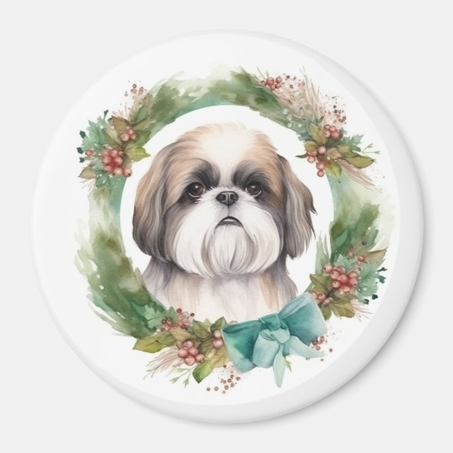 Shih Tzu Christmas Wreath Festive Pup  Magnet (Front)