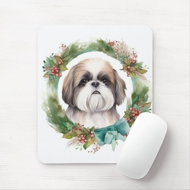 Shih Tzu Christmas Wreath Festive Pup  Mouse Pad (With Mouse)