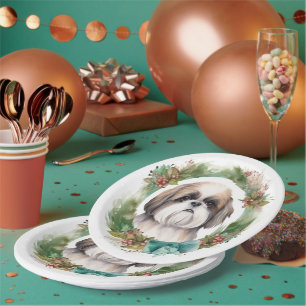 Shih Tzu Christmas Wreath Festive Pup Paper Plate