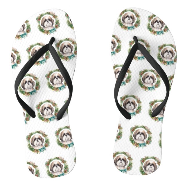 Shih Tzu Christmas Wreath Festive Pup  Thongs (Footbed)