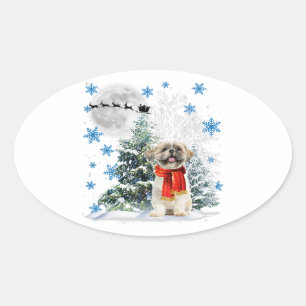 Shih Tzu Christmas Xmas Tree Funny Snow Xmas Oval Sticker
