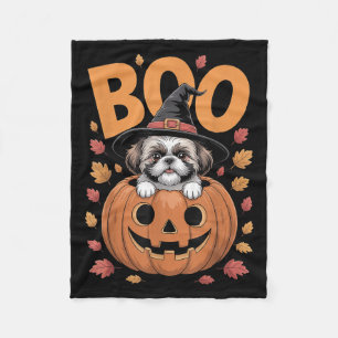 Shih Tzu Costume On Pumpkin Halloween Shih Tzu Fleece Blanket