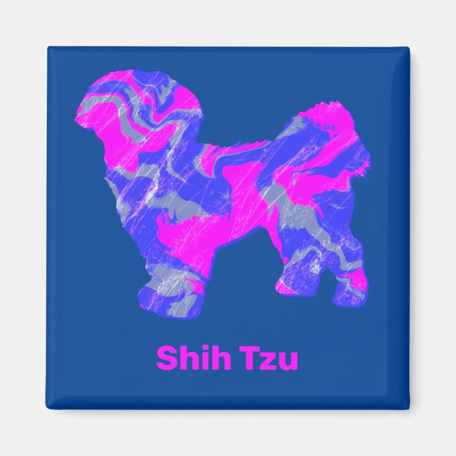 Shih Tzu Cute Dog Silhouette Crazy Hot Pink & Blue Magnet (Front)
