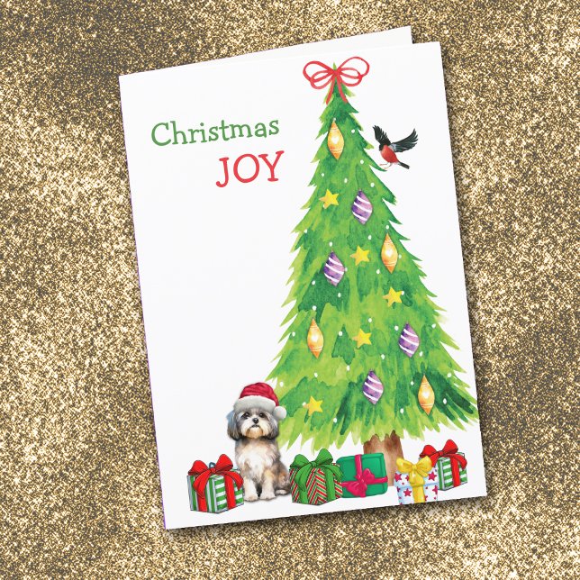 Shih Tzu Dog, Bird and Christmas Tree Holiday Card (Creator Uploaded)