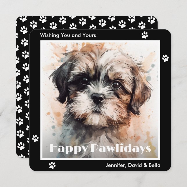 Shih Tzu Dog Black Watercolor Christmas Holiday Card (Front/Back)