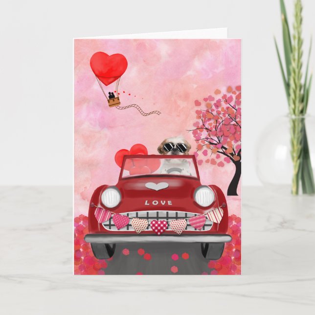 Shih Tzu Dog Car with Hearts Valentine's   Card (Front)