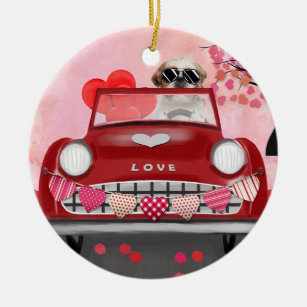 Shih Tzu Dog Car with Hearts Valentine's  Ceramic Ornament