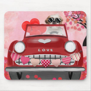 Shih Tzu Dog Car with Hearts Valentine's   Mouse Pad