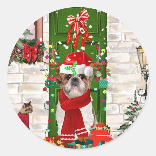 Shih Tzu Dog Christmas  Classic Round Sticker (Front)