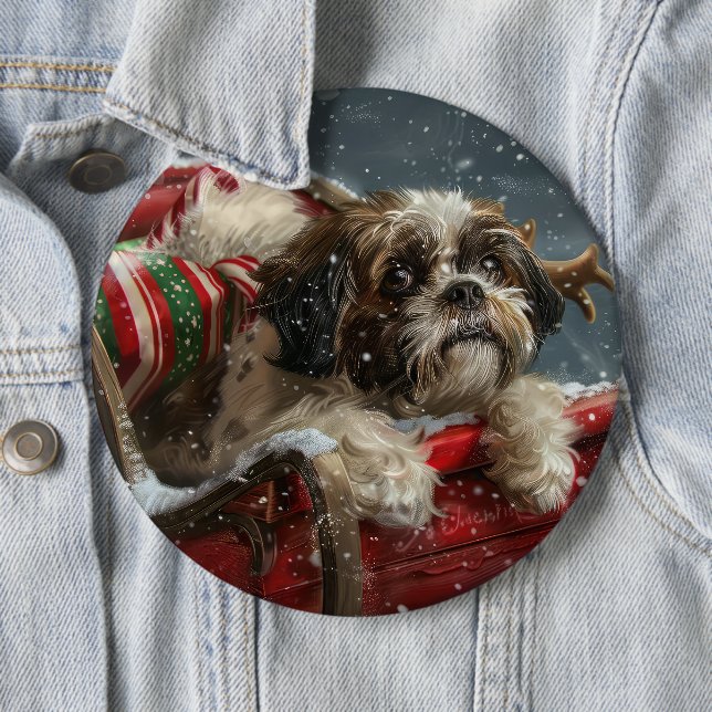 Shih Tzu Dog Christmas Festive 6 Cm Round Badge (In Situ)