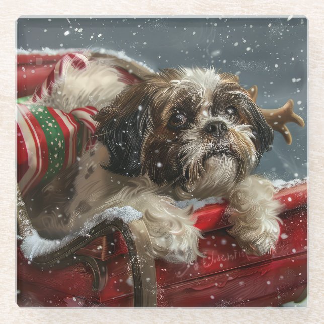 Shih Tzu Dog Christmas Festive Glass Coaster (Front)