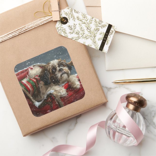 Shih Tzu Dog Christmas Festive Square Sticker (Gifting)