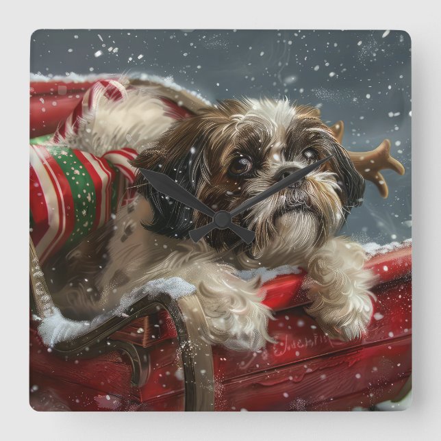 Shih Tzu Dog Christmas Festive Square Wall Clock (Front)