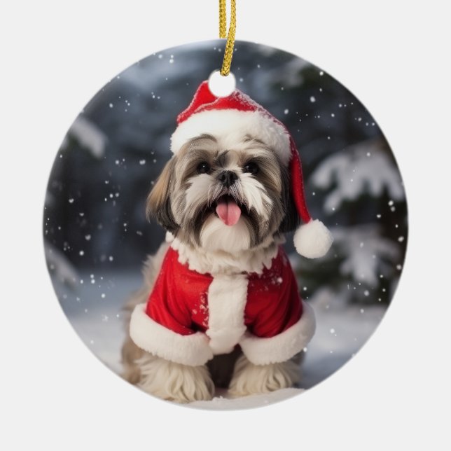 Shih Tzu Dog Christmas Keepsake Ceramic Ornament (Front)