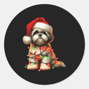 Shih Tzu Dog Christmas Lights Santa Hat Dog Lover  Classic Round Sticker
