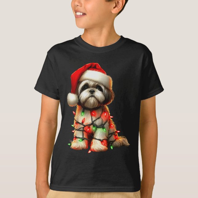 Shih Tzu Dog Christmas Lights Santa Hat Dog Lover  T-Shirt (Front)