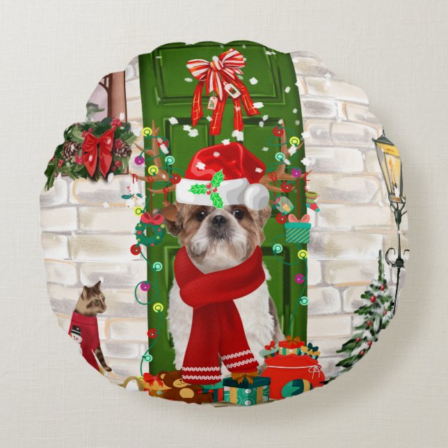 Shih Tzu Dog Christmas  Round Cushion (Front)