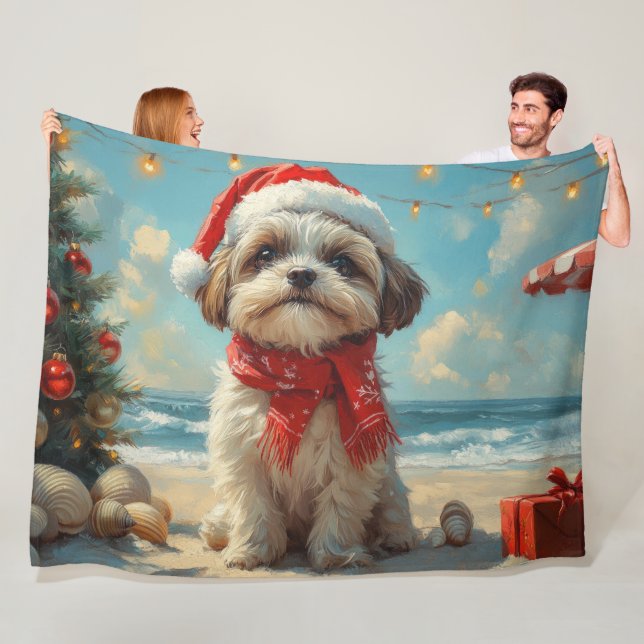 Shih Tzu Dog Christmas Vintage Beach Fleece Blanket (In Situ)