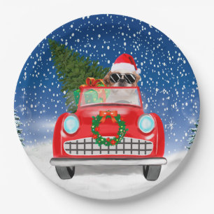 Shih Tzu Dog Driving Car In Snow Christmas  Paper Plate
