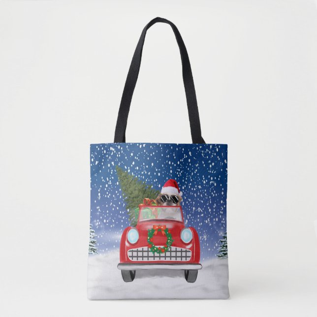 Shih Tzu Dog Driving Car In Snow Christmas Tote Bag (Front)