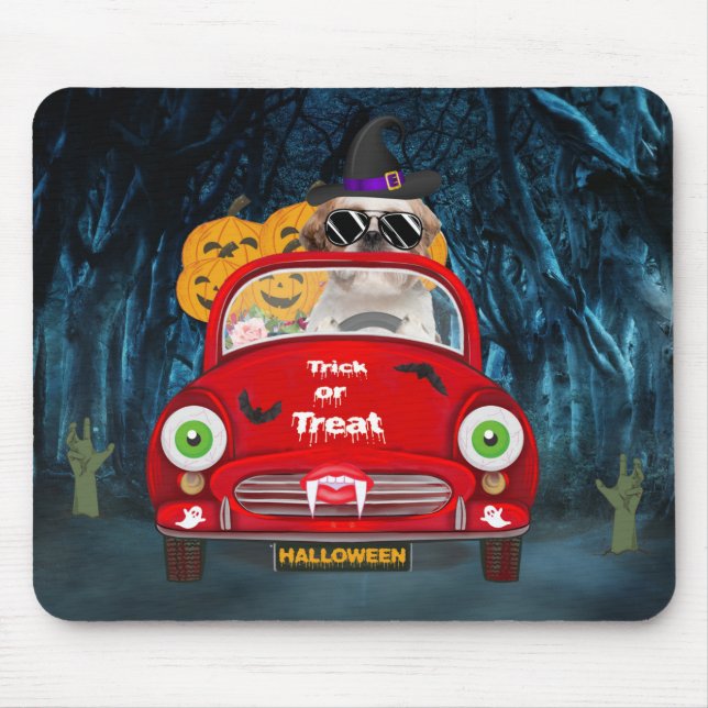 Shih Tzu Dog Driving Car Scary Halloween Mouse Pad (Front)